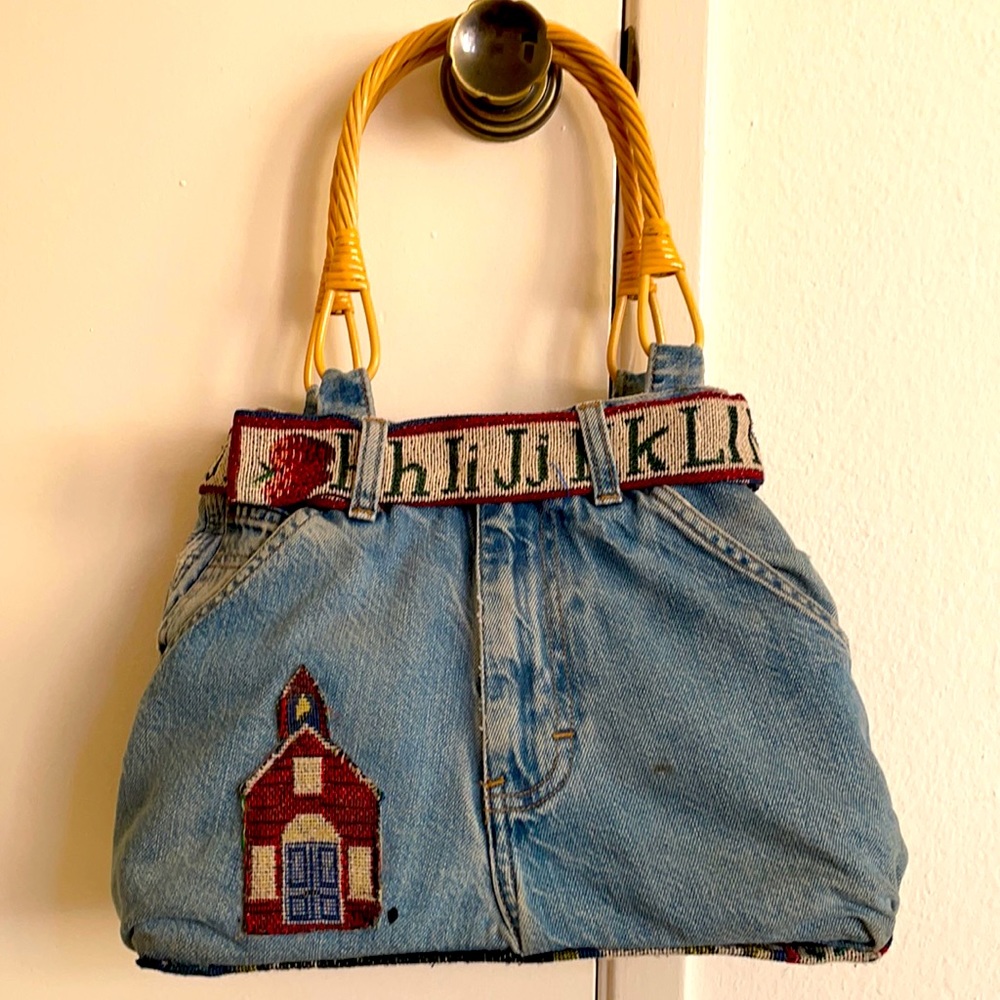 Cute Jeans looks Denim bamboo handles funky retro distressed purse hand bag blue